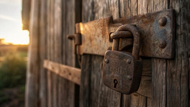 hasp. A weathered rusty hasp and padlock on a rustic barn door. real-estate listings, architecture portfolios, designed for interior renovation comparisons for interiors.