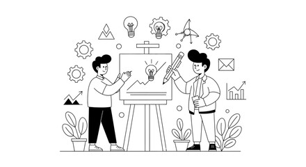 Obraz premium Two young professionals collaborating on a creative business project drawing on an easel. EPS Editable. Vector Illustrations.