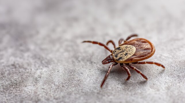 Detailed macro photograph of a small brown tick with patterned body on a gray textured surface showcasing intricate legs and body features of the parasite in nature