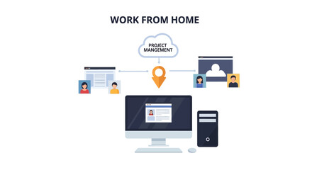 Fototapeta premium Work from home concept with project management software and remote team communication. EPS Editable. Vector Illustrations.