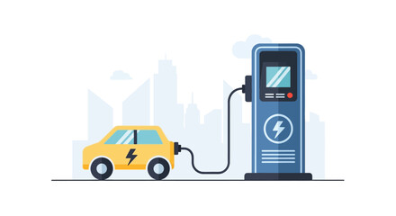 Naklejka premium Yellow electric car charging at a modern charging station. EPS Editable. Vector Illustrations.
