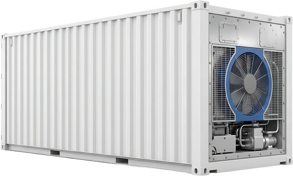A white shipping container with a large blue fan and industrial cooling equipment visible on its side cargo container reefer container reefer unit refrigeration cooling system