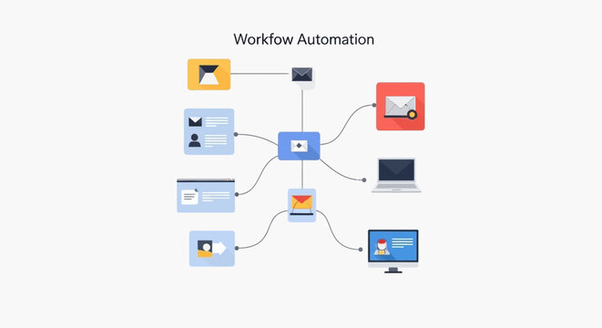 Workflow Automation Concept with Centralized System Integration Diagram. EPS Editable. Vector Illustrations.