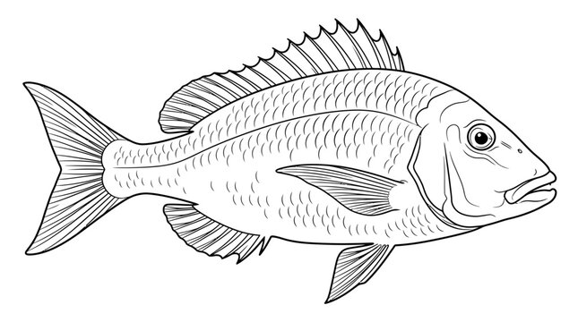 Line Art Snapper Fish Illustration - Seafood, Marine Life, Animal Drawing