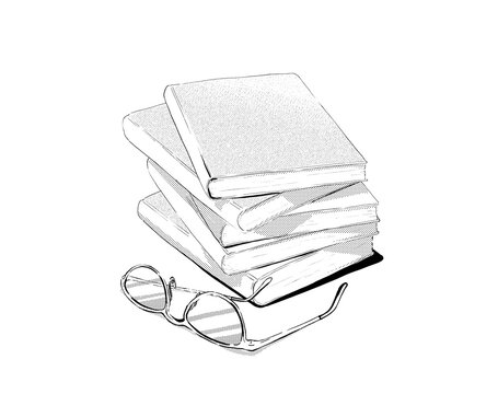 Hand-drawn stacked books and glasses illustration monochrome line art / 手描きの積み重なった本と眼鏡のイラスト モノクロ 線画