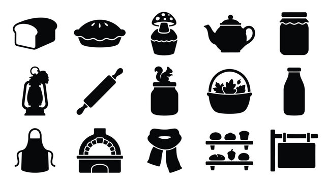 Collection of baking and autumn-themed icons including bread, pie, cupcake, teapot, jam jar, lantern, rolling pin, squirrel, basket, milk bottle, apron, oven, scarf, baked goods shelf, and sign.