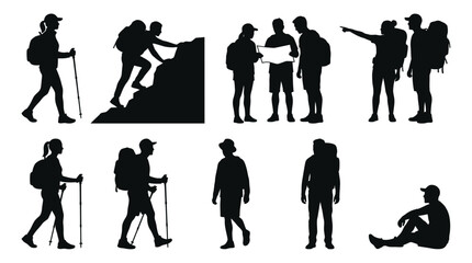 Fototapeta premium Various black silhouettes of hikers with backpacks and trekking poles climbing and reading maps on white background, illustrating active lifestyle and representing adventurous spirit