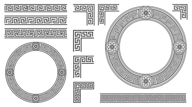 Collection of black Greek meander patterns including linear borders, decorative corners and circular frames with floral centers, representing Hellenic motifs and symbolizing classical design