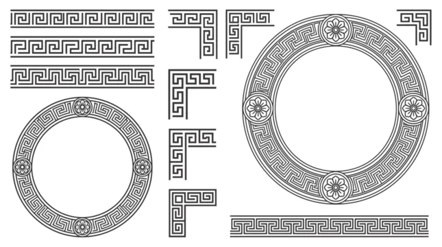 Collection of black Greek meander patterns including linear borders, decorative corners and circular frames with floral centers, representing Hellenic motifs and symbolizing classical design