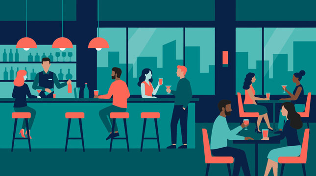 Diverse people socializing and drinking cocktails in a modern urban bar with a bartender and city skyline view, representing nightlife entertainment industry and illustrating social lifestyle