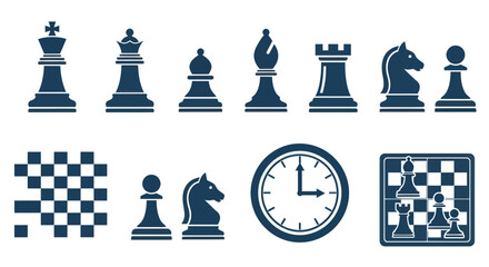 Chess Game Elements Icons Set, Strategy Symbols and Clock Illustration © Hantu