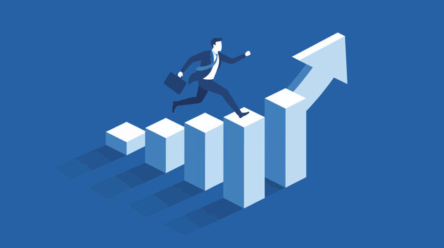 Isometric businessman in suit carrying briefcase running up rising bar chart stairs with upward arrow on blue background, representing career advancement and symbolizing financial growth