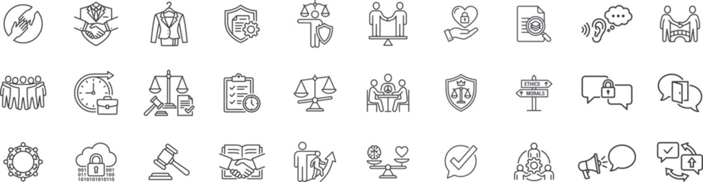 Business ethics, professional conduct and corporate compliance line icons set. Vector illustration includes outline symbols of honesty, legal justice, fair trade, teamwork, and moral values.