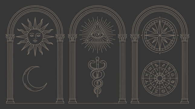 Esoteric mystical line art symbols with sun moon eye caduceus and zodiac wheel inside architectural arches on dark background, symbolizing spiritual enlightenment and provides occult design