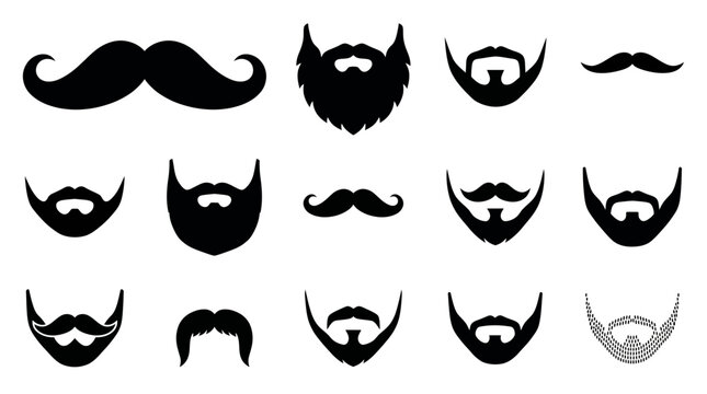 Collection of various black beard and mustache silhouettes set against a clean white background, symbolizing masculine grooming trends and representing barbershop branding identity