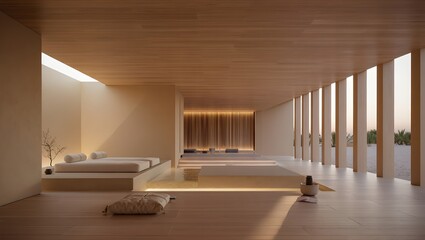 Fototapeta premium Ultra Minimalist Zen Wellness Sanctuary With Bleached Timber Ceiling, Dramatic Diagonal Light Shaft And Deep Colonnade Perspective In Warm Monochromatic Palette (AI-Generated)