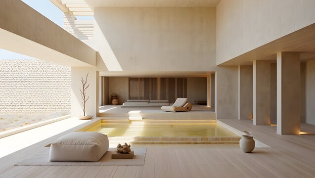 Ultra Minimalist Zen Wellness Sanctuary With Bleached Timber Ceiling, Dramatic Diagonal Light Shaft And Deep Colonnade Perspective In Warm Monochromatic Palette (AI-Generated)