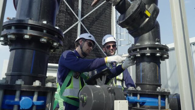 Engineer maintenance hvac cooling tower technician inspection pipe valve industrial site rooftop daylight safety workflow guide repair pump gauge flange bolt water system monitoring hard hat vest