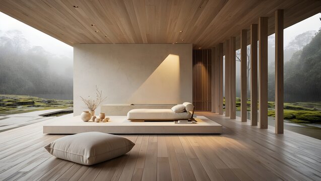 Ultra Minimalist Zen Wellness Sanctuary With Bleached Timber Ceiling, Dramatic Diagonal Light Shaft And Deep Colonnade Perspective In Warm Monochromatic Palette (AI-Generated)
