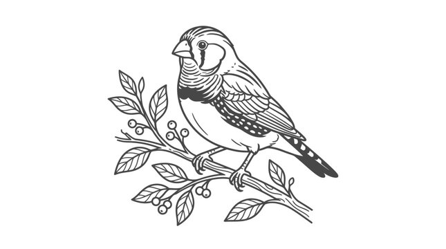 Zebra Finch Bird Sitting on Branch with Leaves and Berries - Line Art Illustration
