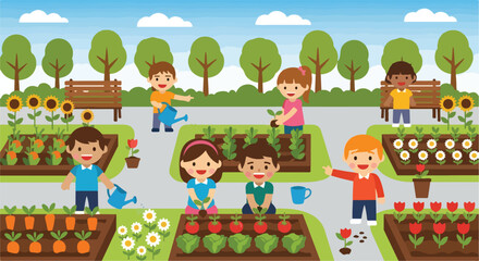 Fototapeta premium A group of diverse children happily work together in a vibrant community garden, planting vegetables and flowers under a sunny blue sky.