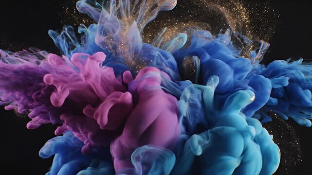 Vibrant swirls of blue, purple, and gold ink explode in a mesmerizing underwater-like display against a stark black background.