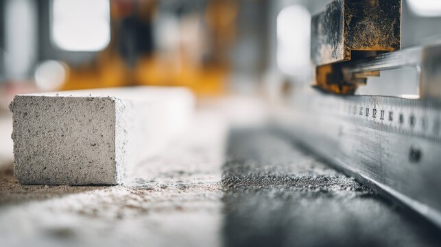 Industrial concrete block cutting machine processing a cement brick with precision on a textured workshop surface in a manufacturing environment