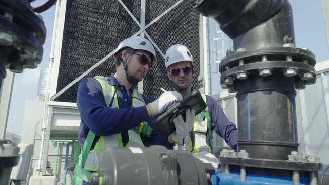 Engineer maintenance hvac cooling tower inspection rooftop industrial plant with technician team checking pipe, valve, and pump via tablet checklist, safety vest and helmet, secure service daylight