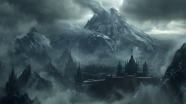 Gothic Mount Fuji with Dark Cathedral Architecture in Fantasy Mist Landscape