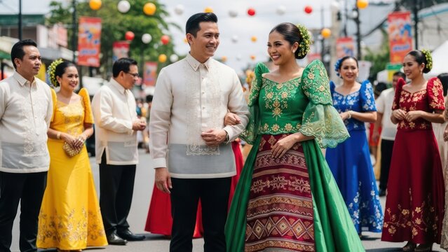Filipino Couple Walking During a Traditional Festival Celebration.