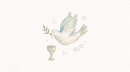 Fototapeta premium White dove with olive branch and chalice watercolor christian illustration 