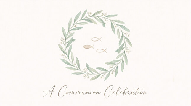 Minimal olive wreath with fish symbols watercolor communion frame illustration

