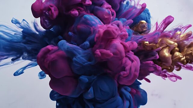 Two vibrant clouds of blue and magenta ink swirl and diffuse in water, creating an abstract and mesmerizing visual display.