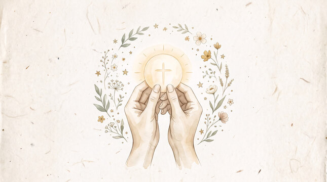 Hands holding holy communion host watercolor spiritual illustration
