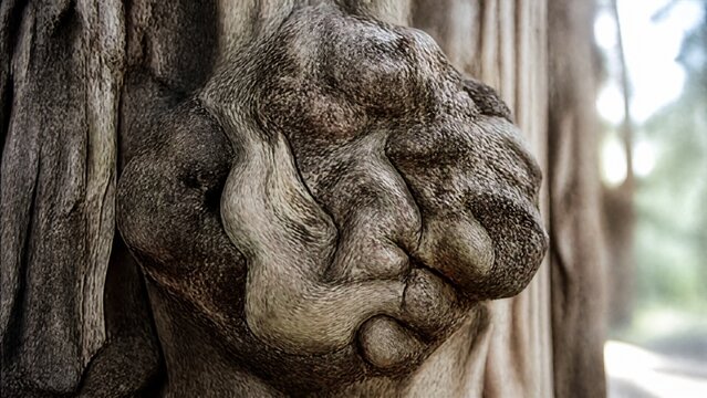 burl. A detailed close-up of a large, gnarled burl on a tree trunk, distorting the straight grain of the wood. gardening catalogs, home-decor guides, designed for home decor and floral branding.