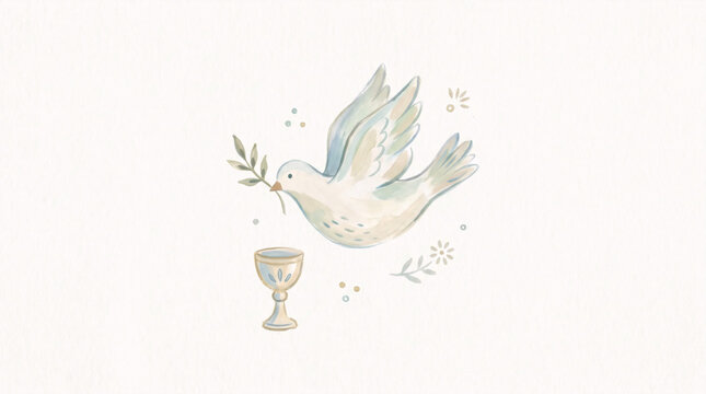 White dove with olive branch and chalice watercolor christian illustration
