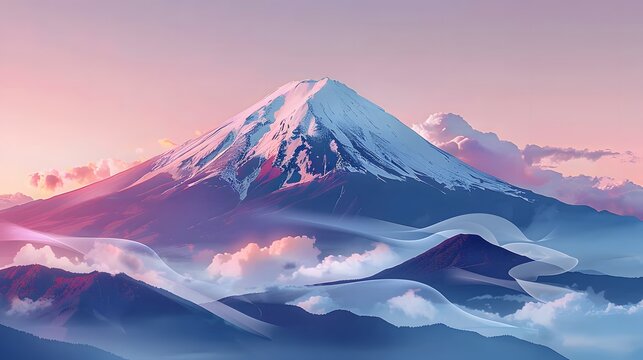 Dreamy Pink Mount Fuji Landscape with Cherry Blossoms and Soft Fantasy Clouds