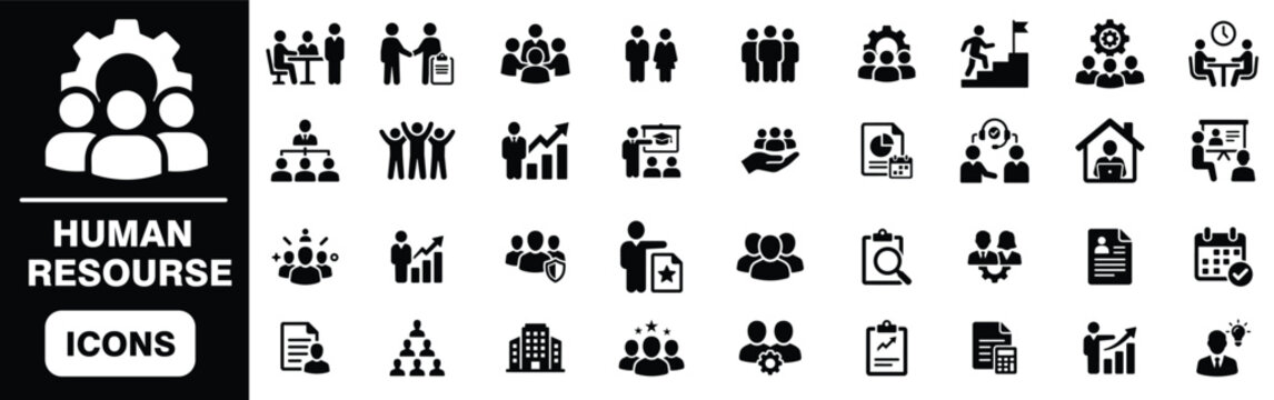 Set of human resource and management icons depicting recruitment, teamwork, leadership, training, and corporate structure.