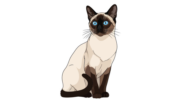 Siamese Cat Sitting Portrait, Blue Eyes, White Background, Elegant Feline