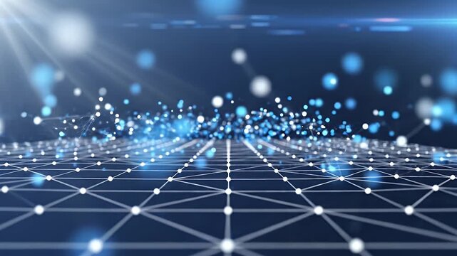 A futuristic abstract image depicts a network of interconnected nodes 