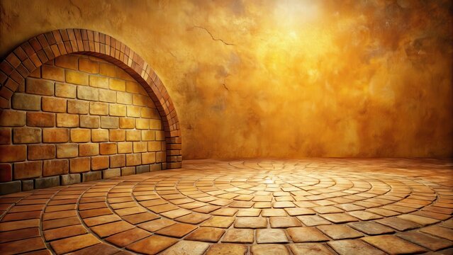 A sunlit, arched brick alcove with a circular cobblestone floor and textured ochre walls creates a warm, inviting space