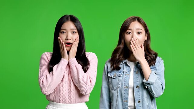 Two young Asian women express surprise and shock on a green screen background.