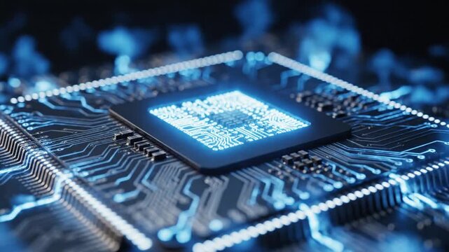 Close up of microprocessor on electronic circuit board.