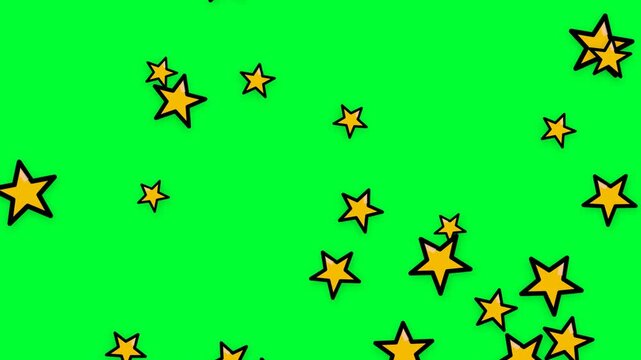 Bright green background filled with scattered yellow and orange five-pointed stars outlined in black, creating a cheerful, playful pattern