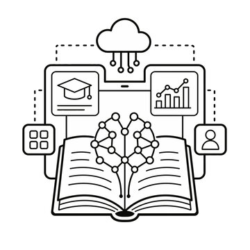 Conceptual Illustration Featuring an Open Book Integrated with Artificial Intelligence and Cloud Computing Data Analytics Icons