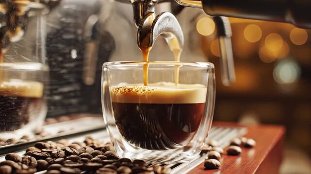 Golden espresso stream fills a clear glass, forming rich crema. Aromatic roasted beans emphasize the invigorating experience of a freshly brewed beverage