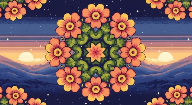 Floral Pixel Art Landscape.