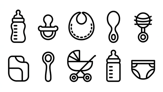 Baby Bottle Care Line Art Vector Icon Set  Infant Feeding and Nursery Essentials Collection