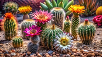Fototapeta premium Vibrant Desert Bloom A Colorful Collection of Succulents and Cacti in a Pebble Garden