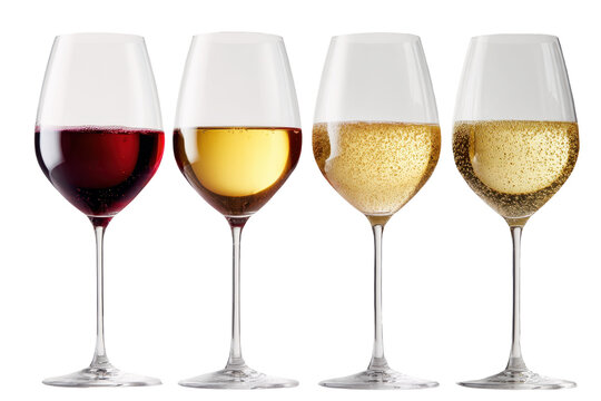 Four glasses of different types of wine isolated on transparent background